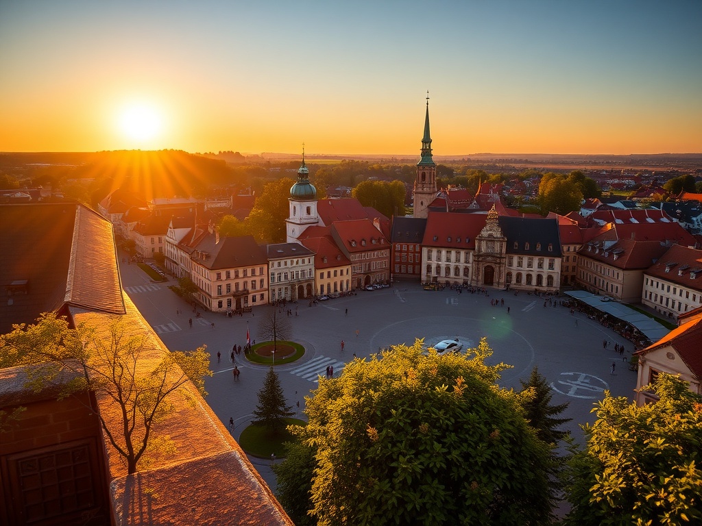 Widok na rynek w Nowym Mieście Lubawskim podczas słonecznego dnia